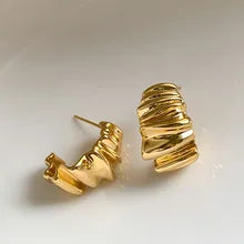 Personality Irregular Wavy Pleated Hoop Earrings for Women New Charm Gold Color Stainless Steel Dangle Jewelry Accessories Gi
