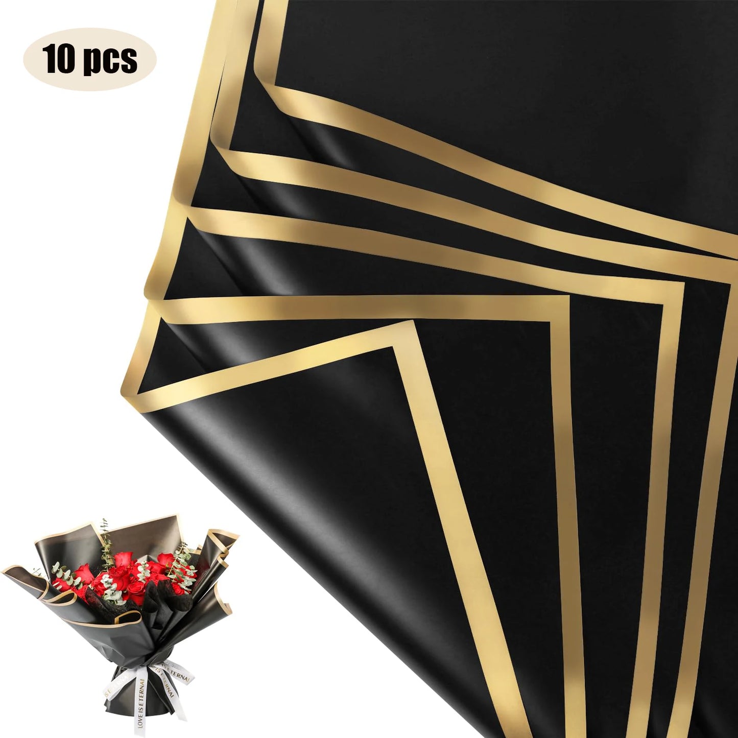 10 Sheets Flower Wrapping Paper with Golden Edges, Waterproof Bouquet Packaging - Ideal for DIY Weddings & Birthdays - 15-Bla