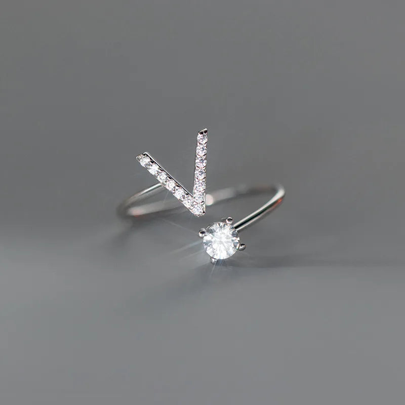 Zircon Initial A-Z Letter Ring For Women Metal Adjustable Opening Ring Name Alphabet Female Wedding Gift Anillos Mujer - V