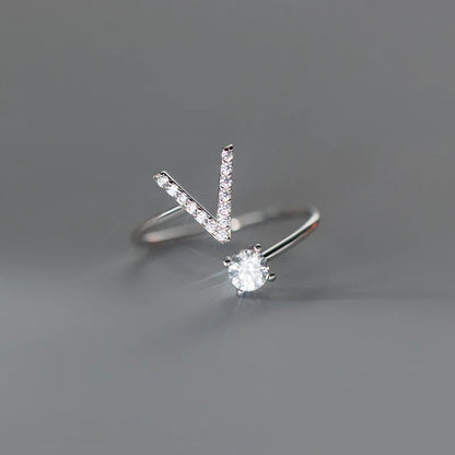 Zircon Initial A-Z Letter Ring For Women Metal Adjustable Opening Ring Name Alphabet Female Wedding Gift Anillos Mujer - V