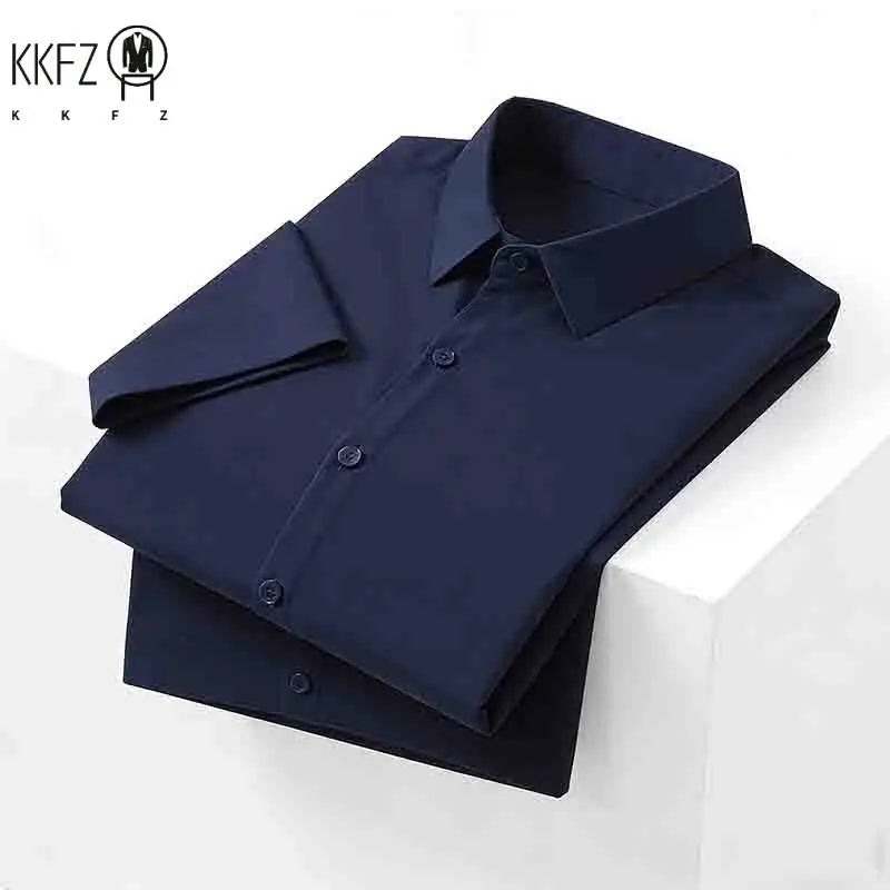 Minimalist Men's Solid Navy Blue Short Sleeve Button Shirt Slim Fit Casual Top for Everyday Outfits