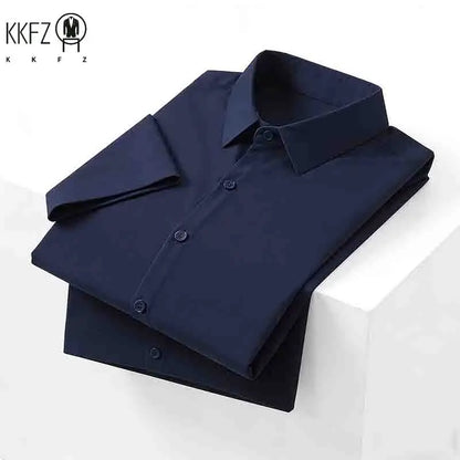 Minimalist Men's Solid Navy Blue Short Sleeve Button Shirt Slim Fit Casual Top for Everyday Outfits