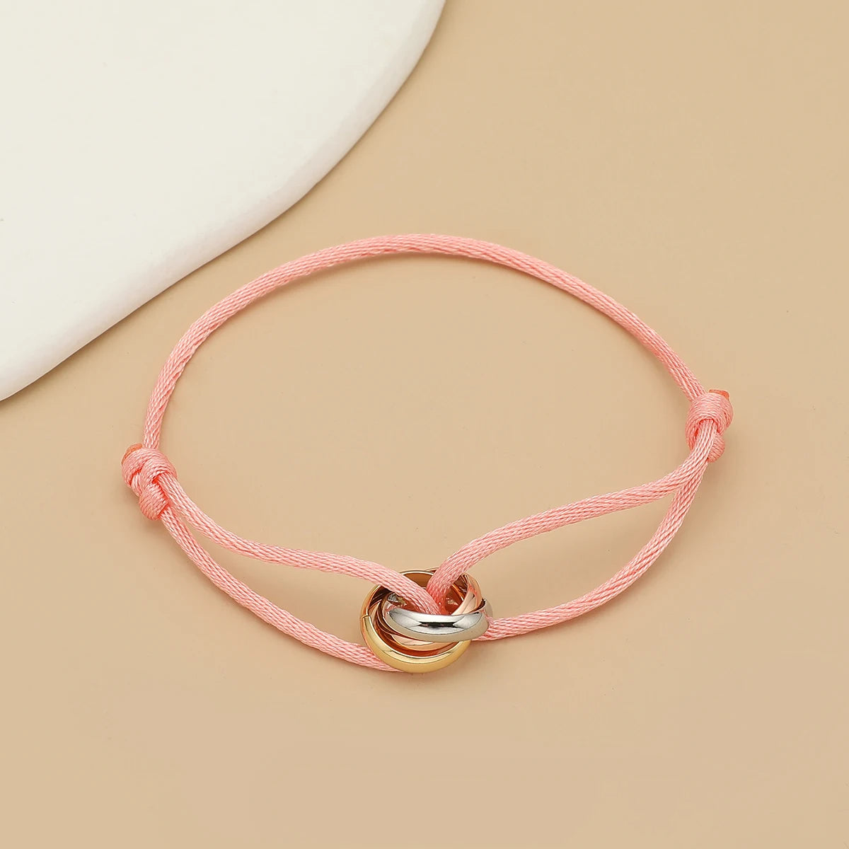 Simple Fashion Unisex Bracelet 3 Metal Round Circle Accessory Adjustable Men's Rope Bracelet for Women Jewelry Gifts - pink