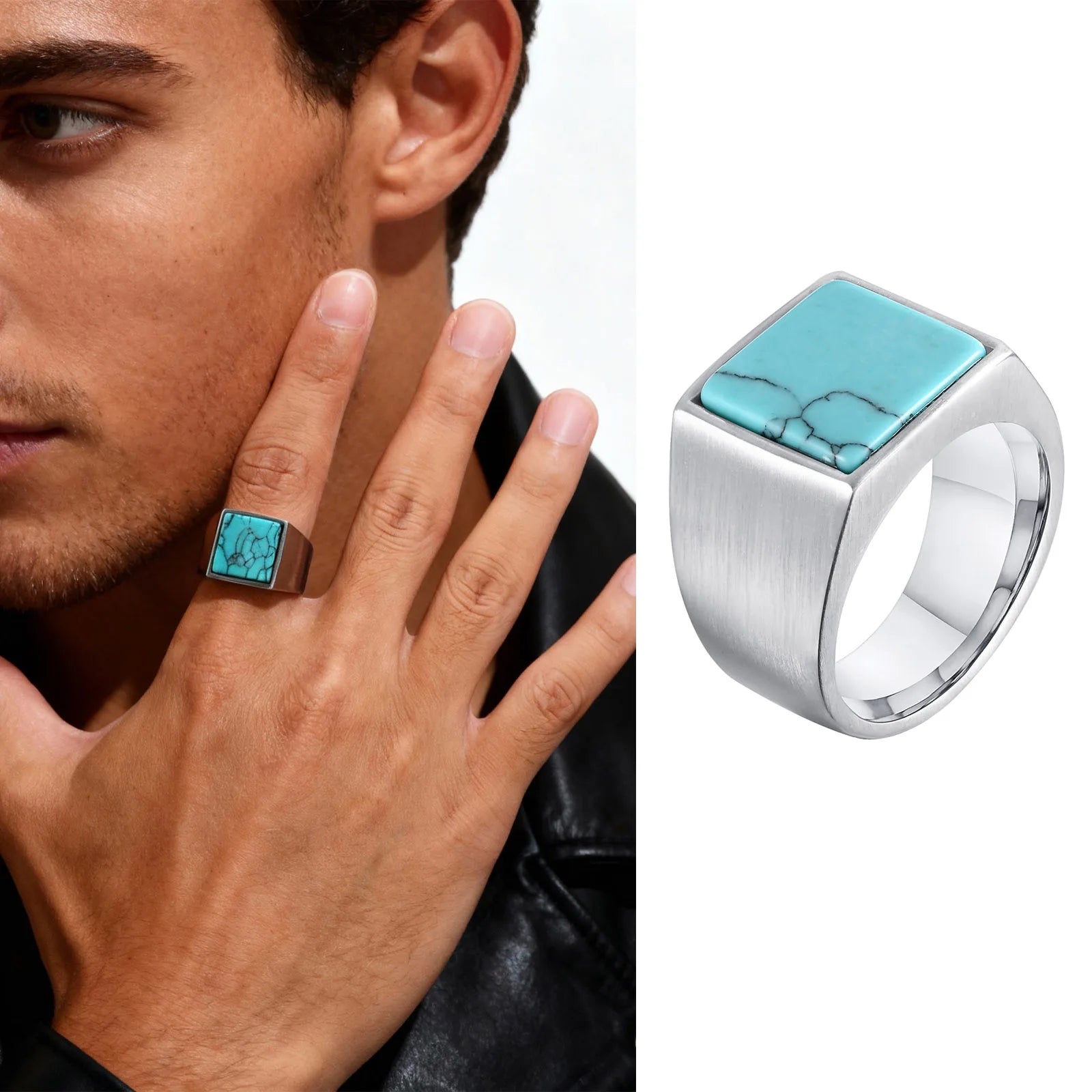 Punk Vintage Ethnic Rings for Men, Retro Viking Knot Rune Finger Band, Black Geometric Square Stone Signet Ring Jewelry