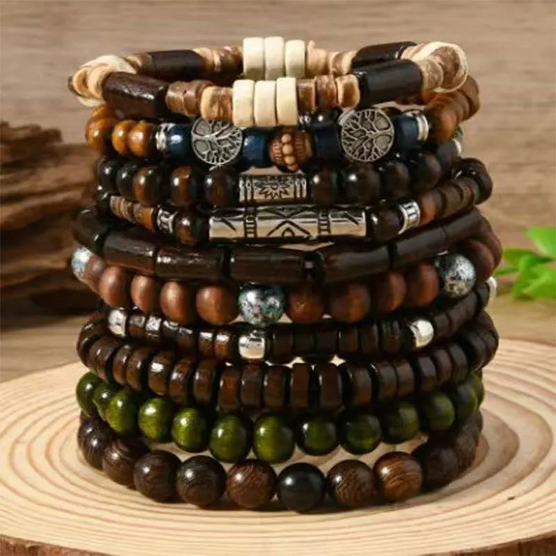 10pcs Bohemia Ethnic Beaded Bracelets For Men Vintage Multi Layer Wooden Beads Life Tree Beaded Bracelets Accessory Gifts Par