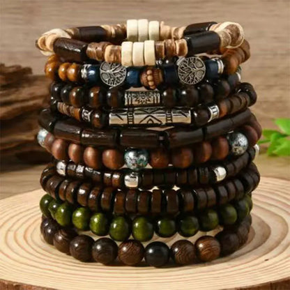10pcs Bohemia Ethnic Beaded Bracelets For Men Vintage Multi Layer Wooden Beads Life Tree Beaded Bracelets Accessory Gifts Par