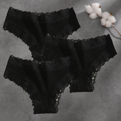3Pcs Cotton Lace Patchwork Bikini Panties Women Seamless Floral Print Brazilian Pants Low Waist Breathable Female Sexy Linger