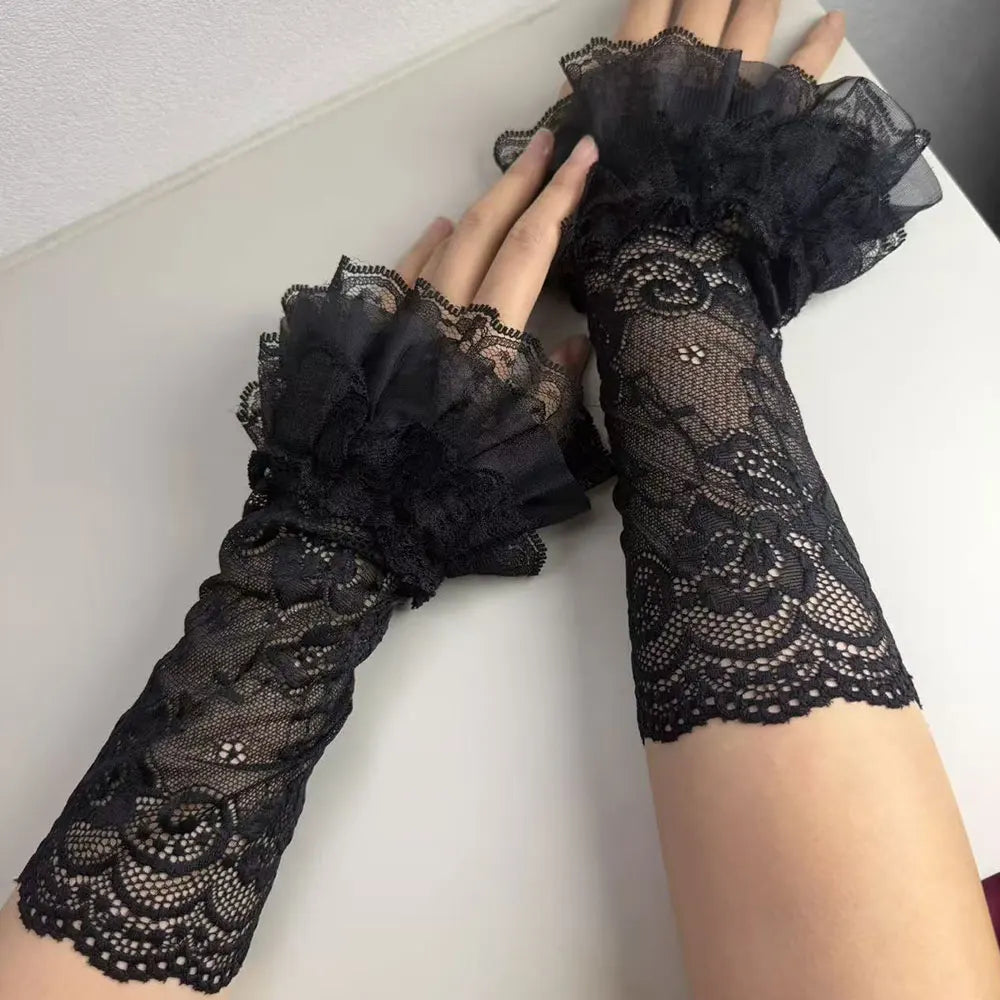 1 Pair Women Lolita Jk Lace Fingerless Gloves Black Gothic Fake Sleeves Trendy Elastic Long Lace Arm Sleeves Clothes Decorati