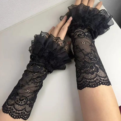 1 Pair Women Lolita Jk Lace Fingerless Gloves Black Gothic Fake Sleeves Trendy Elastic Long Lace Arm Sleeves Clothes Decorati