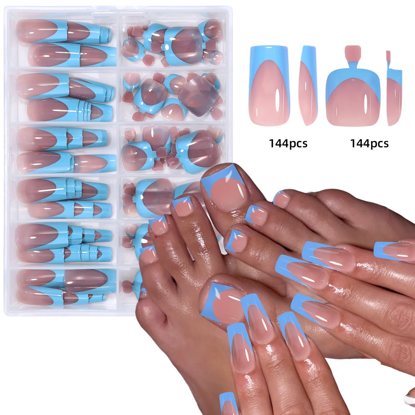 144pcs French hand and foot wear nail set summer short square shiny false toenail acrylic full coverage suitable for nail sal