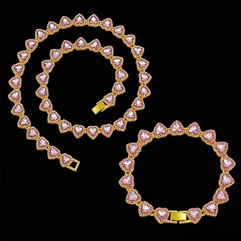 ZAKOL 45CM New Hip Hop Tennis Chain Bracelet Necklace Shiny Heart Rhinestone CZ Fashion Rock Party Jewelry Set - Pink Golden 