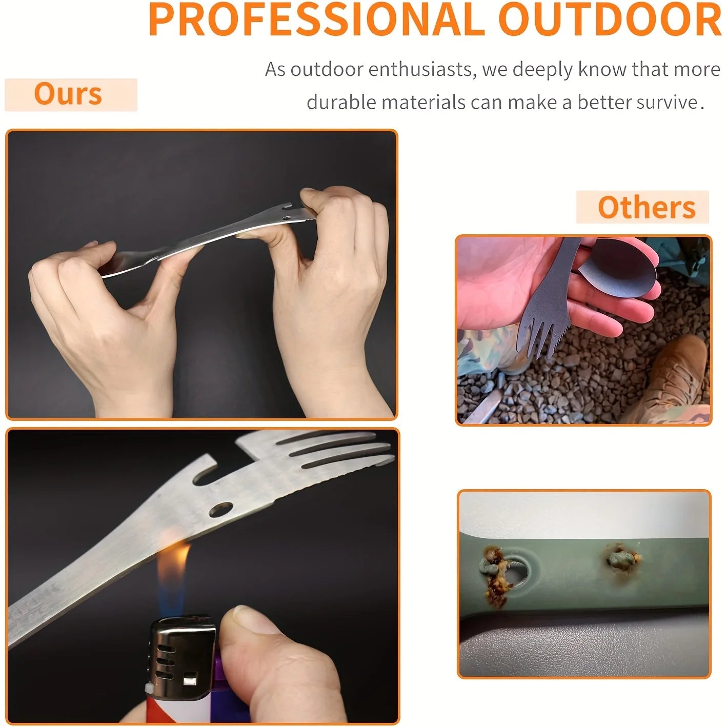 PSKOOK Outdoor Survival Tools 5 in 1 Camping Multi-functional EDC Kit Practical Fork Knife Spoon Bottle/Can Opener