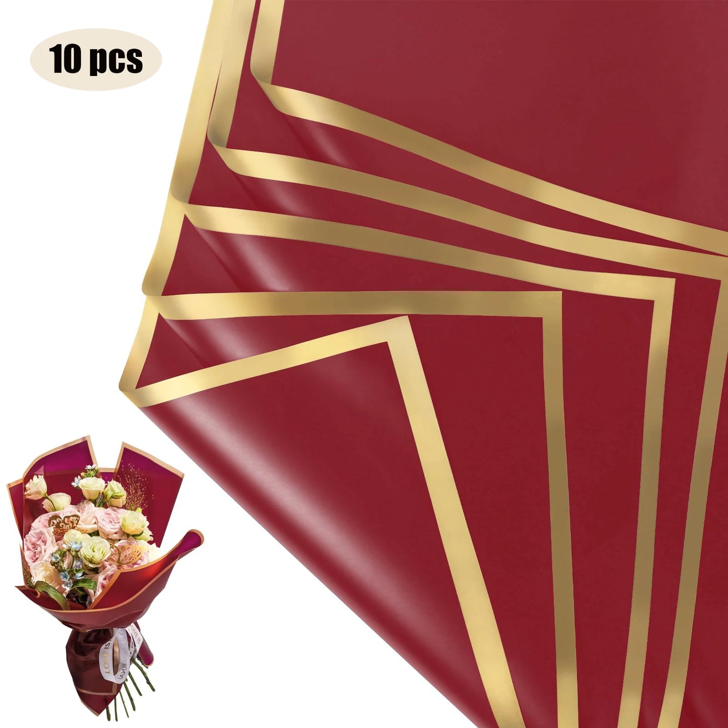 10 Sheets Flower Wrapping Paper with Golden Edges, Waterproof Bouquet Packaging - Ideal for DIY Weddings & Birthdays - 06-Win