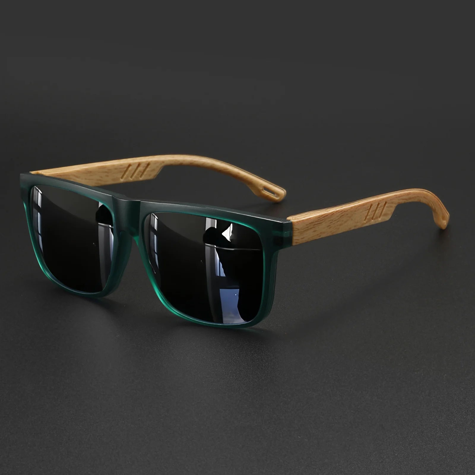 New Fashion Square Sunglasses - Wood Grain Spring Hinge, UV400 Unisex for Driving, Hiking & Travel - C7-green black
