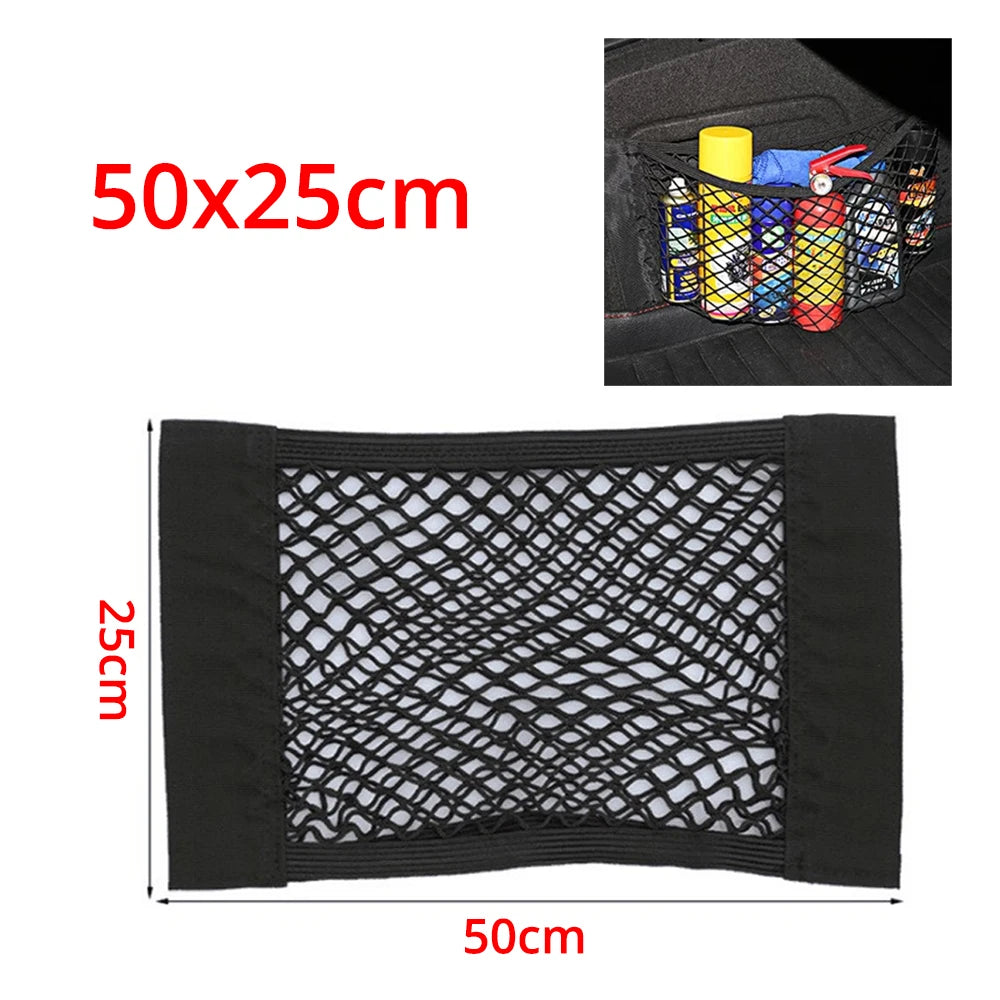1X Car Back Rear Trunk Organizer Net Mesh Seat Elastic String Magic Sticker Universal Storage Bag Pocket Auto Put Paper Stowi
