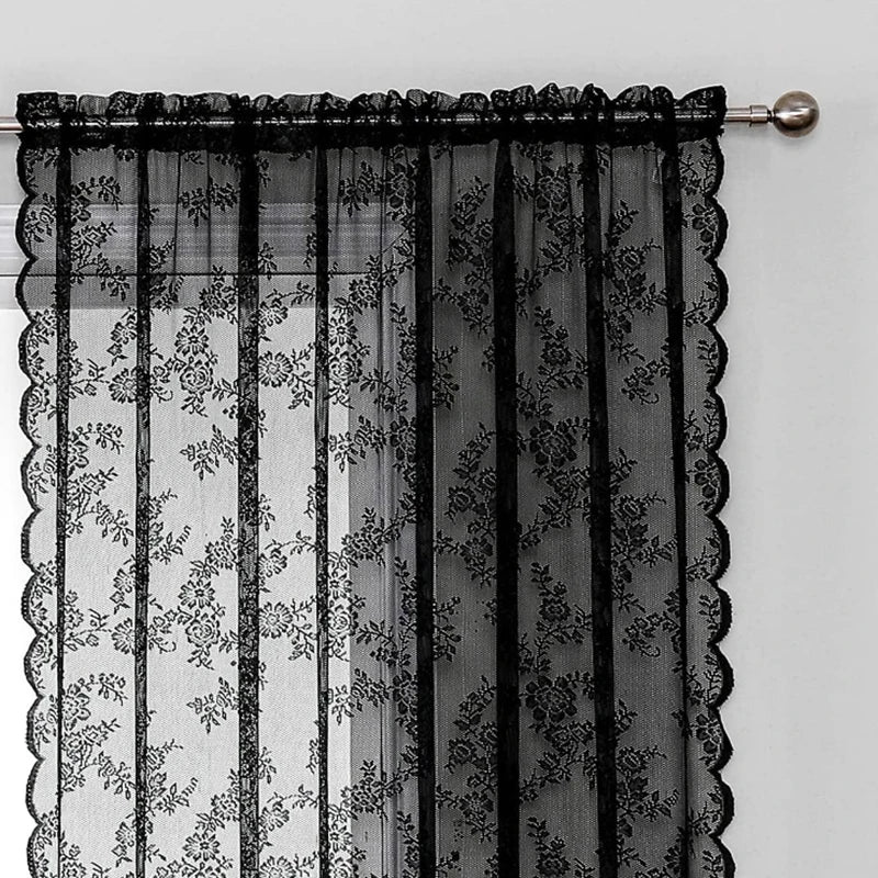 1pc Vintage Floral Embroidery Clear Black Lace Curtain Panel - Privacy & Light Filtering, Machine Washable,