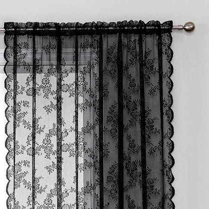 1pc Vintage Floral Embroidery Clear Black Lace Curtain Panel - Privacy & Light Filtering, Machine Washable,