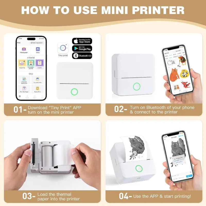 Thermal Mini Printer, Portable Inkless Sticker Maker,Bluetooth Free Cut Small Pocket Printer for Children DIY 57mm Photo Prin