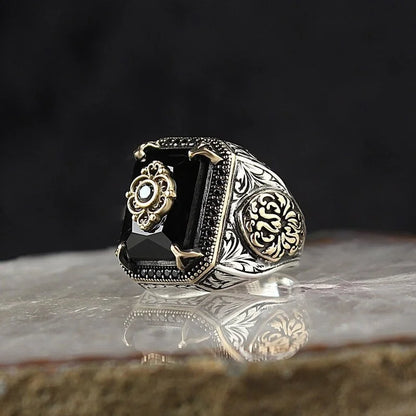 Retro Handmade Turkish Signet Ring for Men Vintage Silver Color Carving Pattern Inlay Green Zircon Party Punk Motor Biker Rin