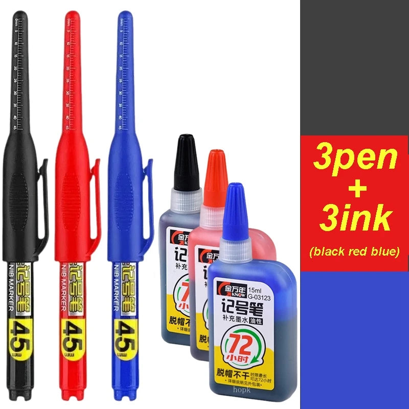 45mm Waterproof Deep Hole Marker Pens Long Nib Head Carpenter Pen White/Black/Blue Ink for Multi-Purpose Woodworking Hand Too