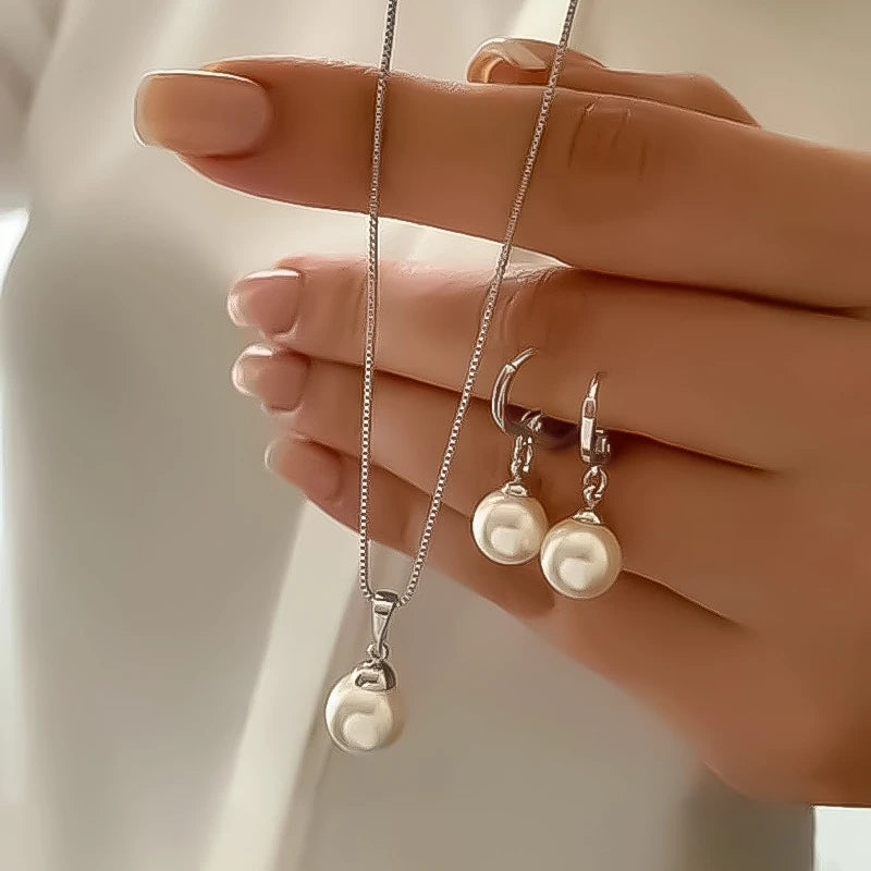 Fashion Elegant Imitation Pearl Pendant Jewelry Set for Women Vintage Gold Color Chain Necklace Earring Girl Wedding Party Gi