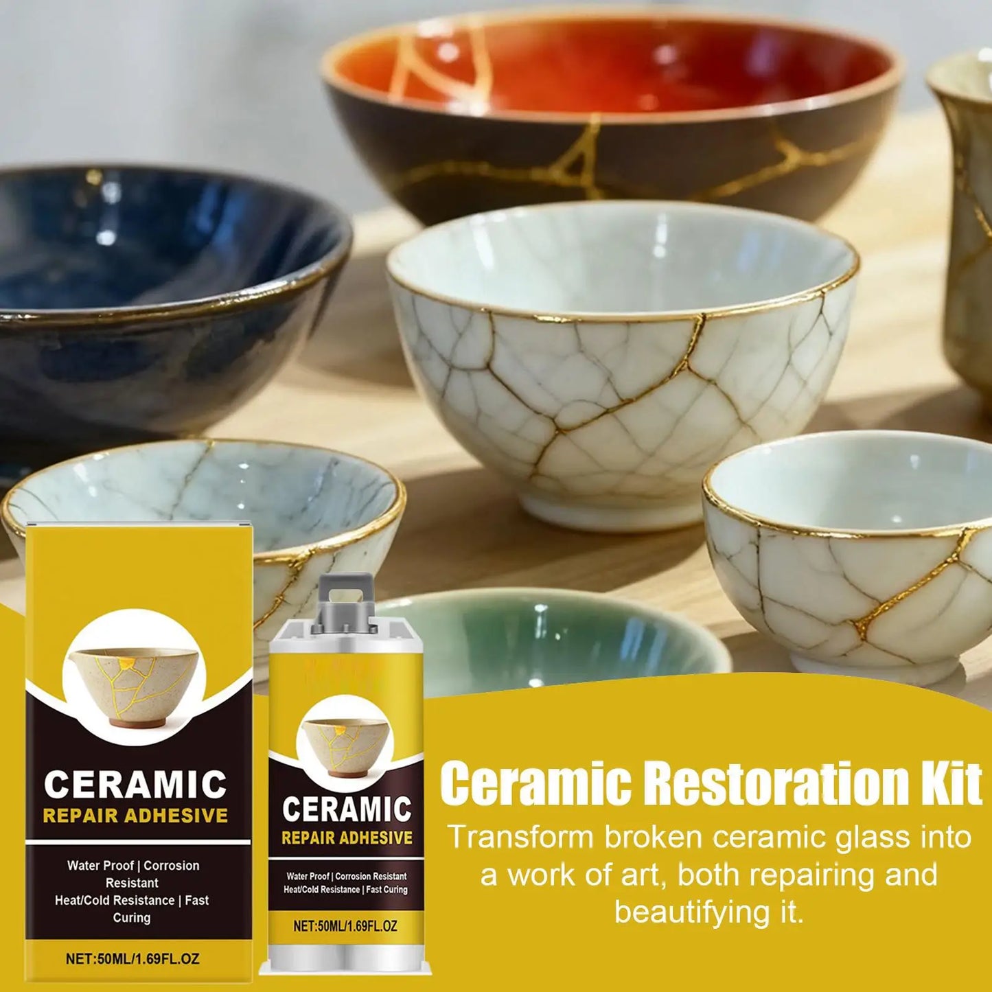 Kintsugi Repair Kit Gold Ceramic Glue Food Safe Adhesive for Broken Pottery Plate Cup Bowl Bathtub Craft Art Restoration