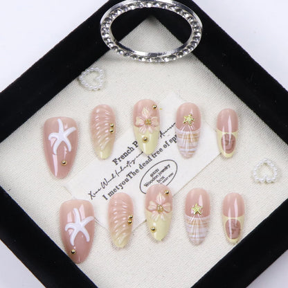 y2K 10PCS Hand Made Press On Nail-Short Almond Glue On Nails-Tropical Flowers Starfish And Golden Pearls Press One As gifts