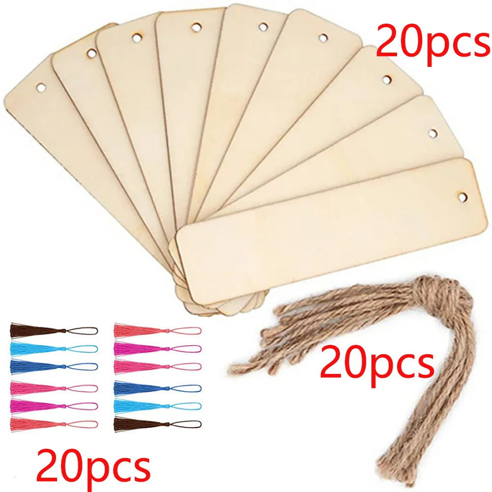 10/20/60Pcs Wood Bookmark Bulk Blank Hanging Label Wooden Bookmarks Sign Unfinished Label Ornaments With Tassel Ropes DIY Cra