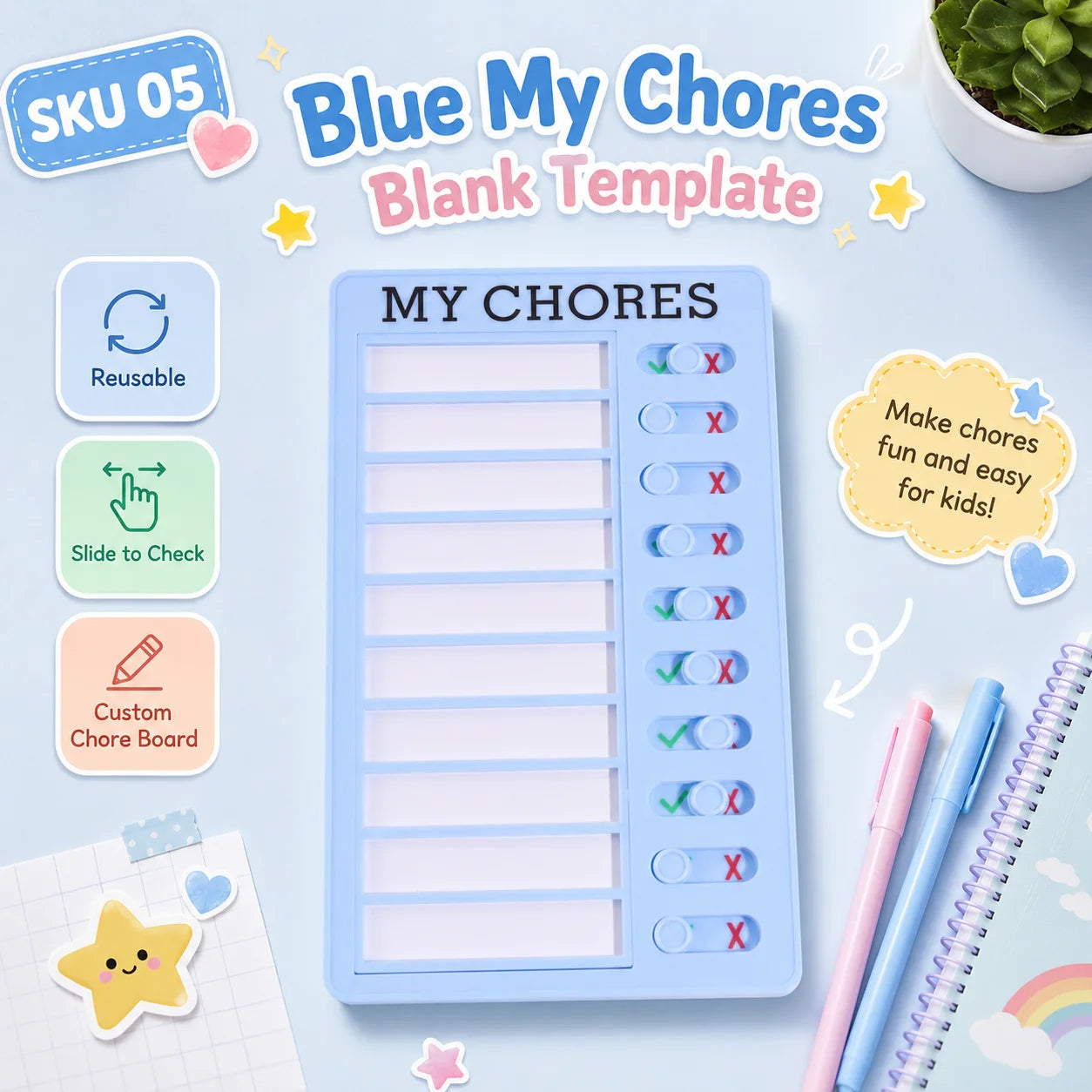 Self Discipline Checklist Board, Replaceable Plastic Chore Chart for Kids Adults, Summer Task Planner & Daily Habit Tracker -