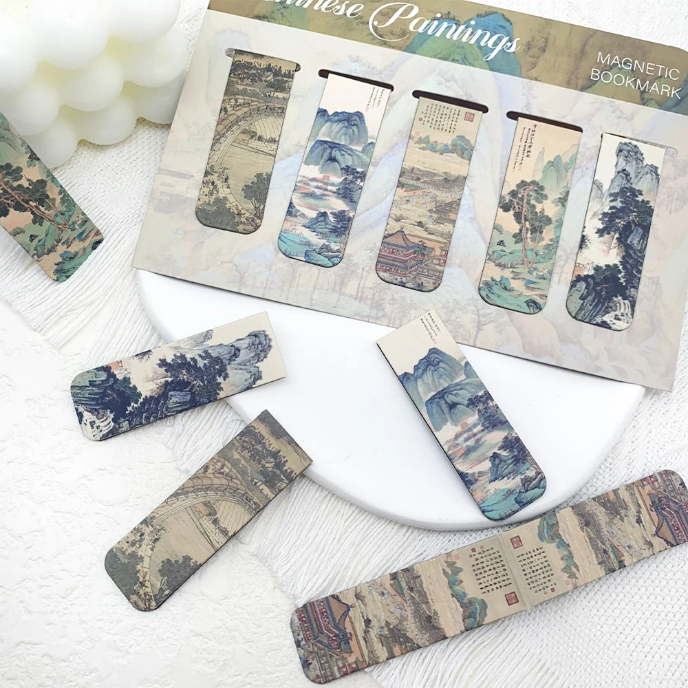 5pcs Chinese Painting Magnetic Bookmarks School Stationery Supplies Reading Pages Books Annotated DIY Aesthetic Bookmarks