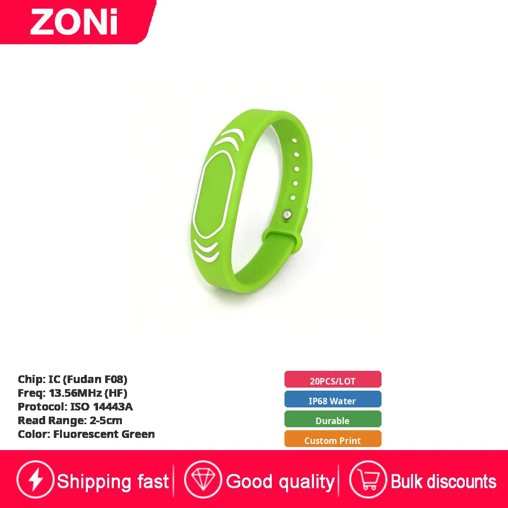 RFID IC ID Silicone Wristband Fudan F08 S50 M1 13.56MHz / TK4100 Chip 125KHz Waterproof Wrist Tag for Swimming & Foot Spa 20P
