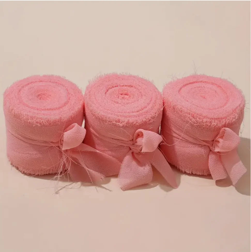 3 Roll/set 5m Frayed Edged Satin Handmade Chiffon Silk Ribbon For Wedding Invitation Bouquets Birthday Party DIY Decoration G