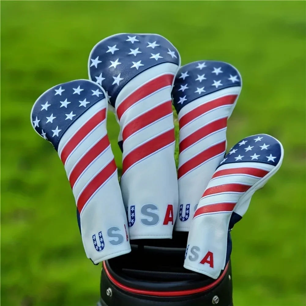 Patriotic Golf Club Head Cover Set - Protect Your Clubs With Durable PU Leather And Vibrant American Flag Design - 4PCs