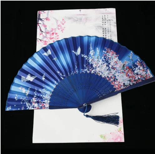 Retro Style Folding Fan Female Japanese Pattern Retro Cloth Art Craft Gift Home Decoration Ornament Dancing Hand Fan - double