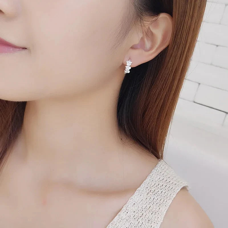 925 Sterling Silver Needle Earrings for Women's Wedding Fashion Jewelry Crystal Zircon Flower Cute Stud