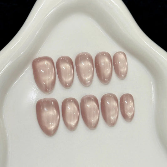 10pcs Handmade Press On Nails Solid Color Glossy Glass Beads Cat's Eye False Nails Full Cover Short Almond Fake Nail For Wome
