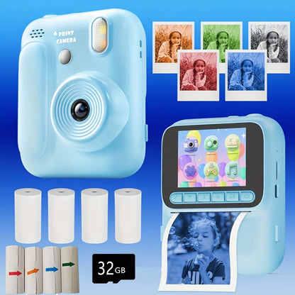 Color Printing Camera Kids Instant Camera 32GB 1080P Thermal Print Digital Camera Print Photo Video Games Music Children Gift