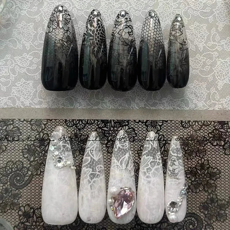 Black White Lace Rose Nails Foil Stickers Black Flowers Design Manicure Nail Art Transfer Paper Nails Art Decals