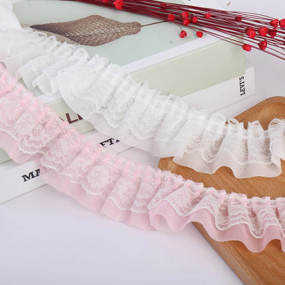 2yards 5cm Double-Layer Pleated Chiffon Lace Trim Clothing Wedding Accessories Decor Ribbon DIY Handmade Sewing Lace Trimming