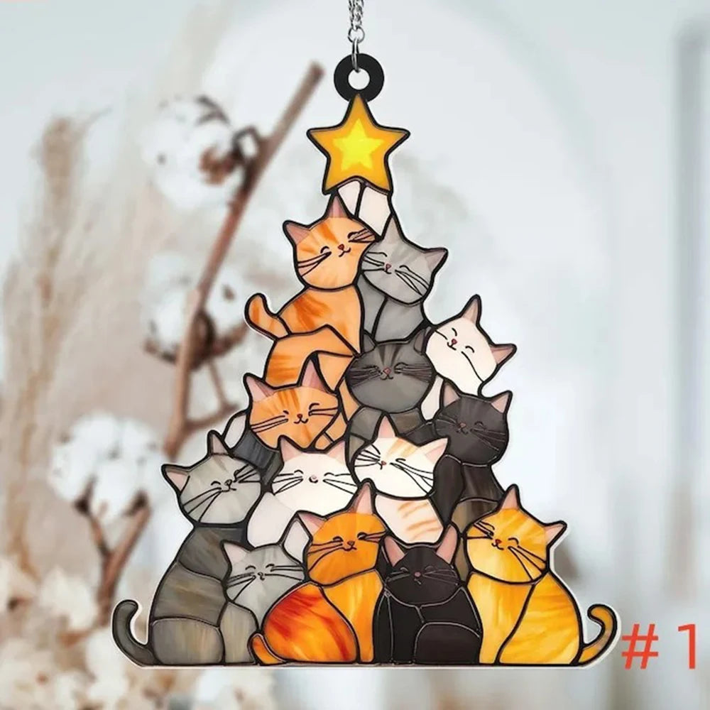 9cm Cat Christmas Tree Suncatcher Ornament Cute Cat Lover Gifts Women Funny Christmas Decorations Black Orange Decor Hanging 