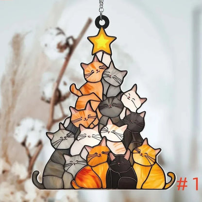 9cm Cat Christmas Tree Suncatcher Ornament Cute Cat Lover Gifts Women Funny Christmas Decorations Black Orange Decor Hanging 