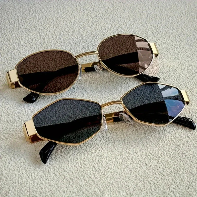 2 Pairs of Summer Women's Fashionable Glasses Retro Gold Frame Trendy Glasses Combination Polygonal Round Frame Design - 2PCS