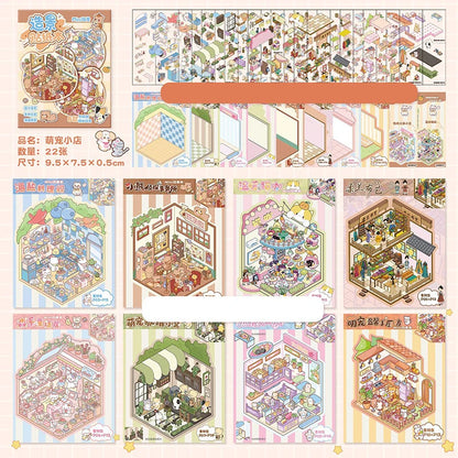 21-Piece Cartoon Miniature Scene Sticker Book - Mini 3D Cottage Journal Materials, DIY Creative Handmade Collage Decals