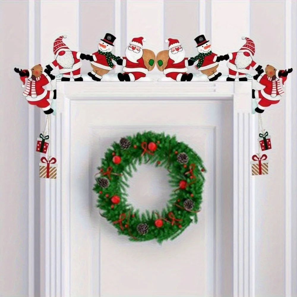 2D Flat, Charming Wooden Santa Claus, Snowman and Reindeer Door Frame Decoration-Hang Holiday Ornament,Christmas Wall Decorat