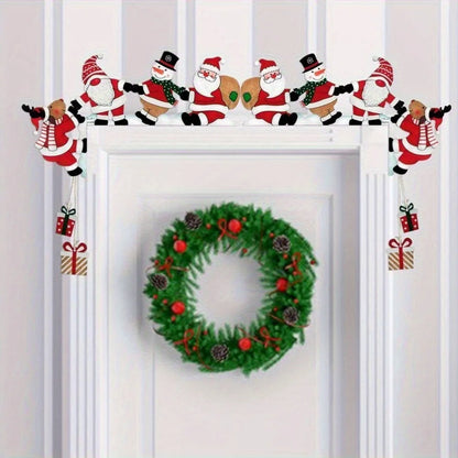 2D Flat, Charming Wooden Santa Claus, Snowman and Reindeer Door Frame Decoration-Hang Holiday Ornament,Christmas Wall Decorat