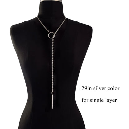 Minimalist Bar Lariat Necklace Twist Wrap Slip Chain Choker Toggle Necklace Layering Statement Goth Punk Jewelry - 29in silve