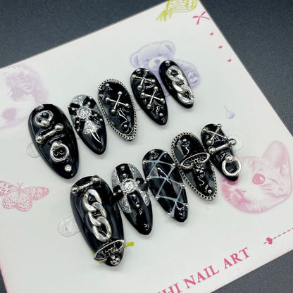 10Pcs Handmade Black Almonds Press On Nails Metal Chain Cool Fashion False Nail Reusable Full Cover Charm Nails Art
