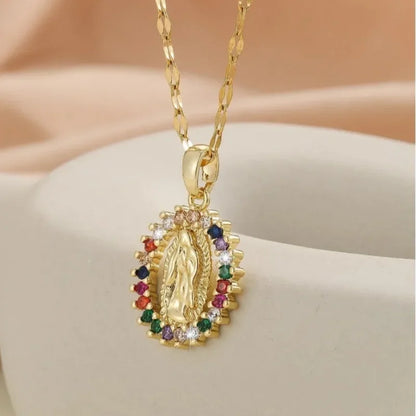 European and American Fashion and Gorgeous Women's All Sky Star Micro Inlaid Colorful Zircon Virgin Mary Hollow Necklace