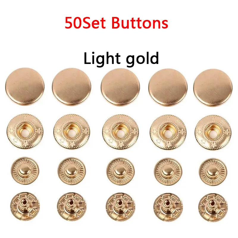 50Sets Leather Snap Fasteners Kit 10mm 12mm 15mm Metal Button Snaps Press Studs 4 Install Tools Leather Snaps For DIY Clothes