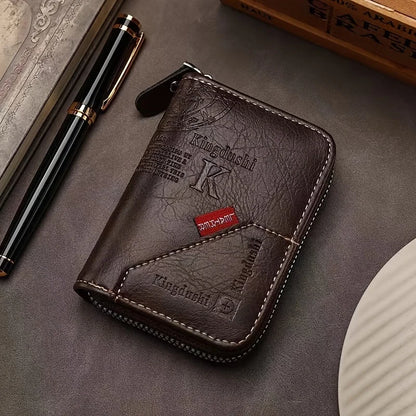 ​​Vintage PU Leather Slim Wallet - Zipper RFID Blocking 11-Slot Card Holder, Retro Style Gift for Men & Women, Classic Design